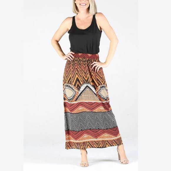 Nostalgia Aztec Print Maxi Skirt NWT • Rayon • Orange Black Red White • Long - Picture 2 of 3